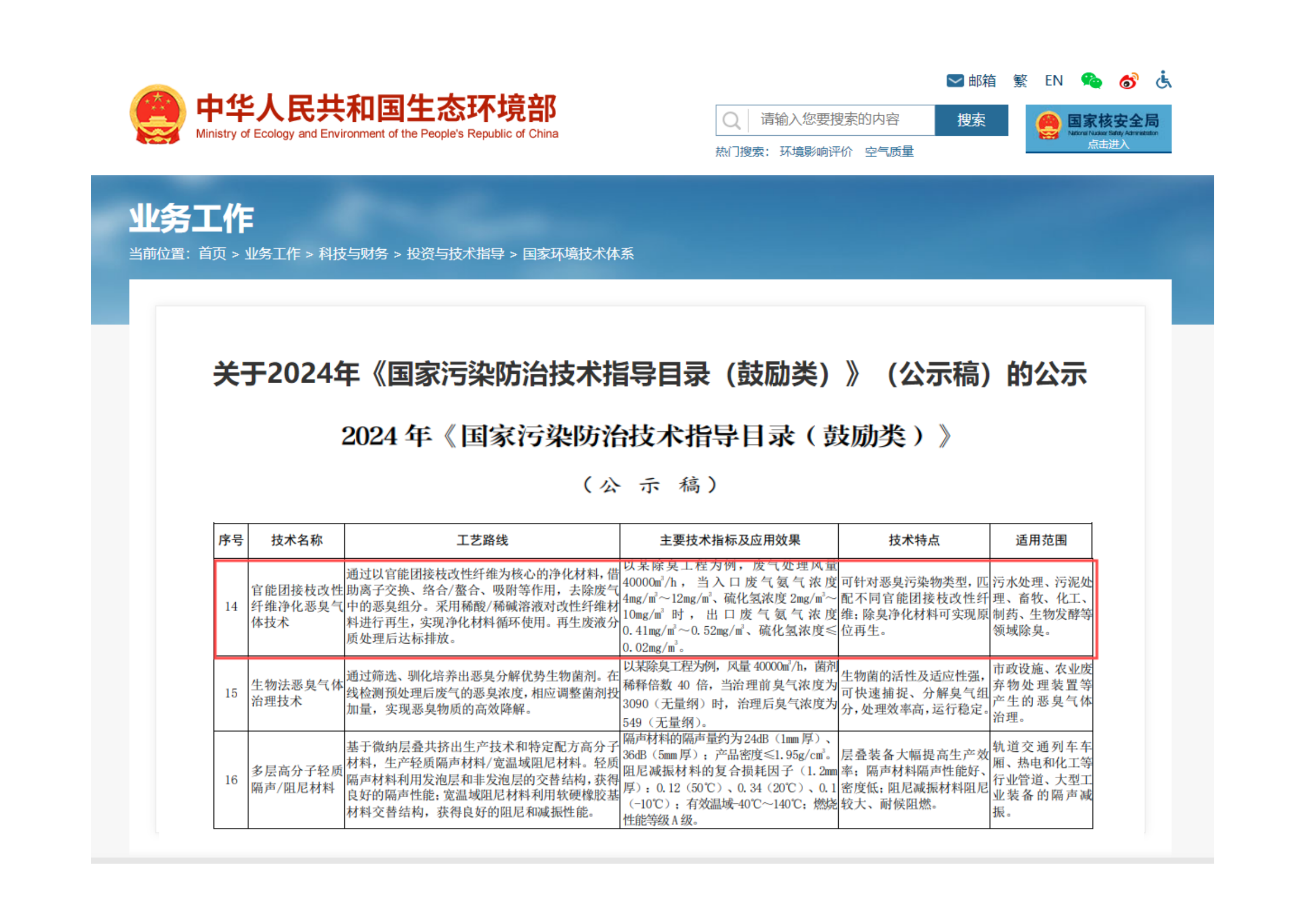 中白环科“官能团接枝改性纤维气体净化技术”入选2025年《国家污染防治技术指导目录》(图1)